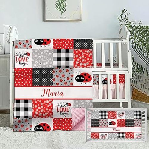 Lady Bug Crib Bedding Set, 2 Piece Set, Customizable Bedding Set for Baby Girls with Name, Space Animal Print, Includes Comforter and Fitted Sheet, Infant Sleep