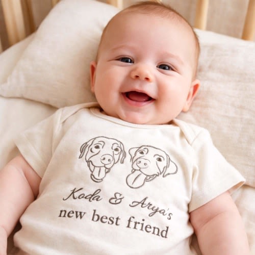 Custom Embroidered New Best Friend Onesie With Pet Portrait, Protected By Dog Onesie, Dog Pregnancy Announcement Outfit,Bernedoodle And Baby