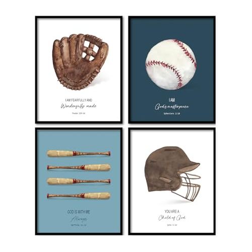 foedor Scripture Sports Baseball Room Decor for Boys Room,Christian Baseball Wall Art Decorations for Boys Room,Vintage Sports Wall Art for Classroom Gym Playroom, 8x10 Unframed,Set of 4