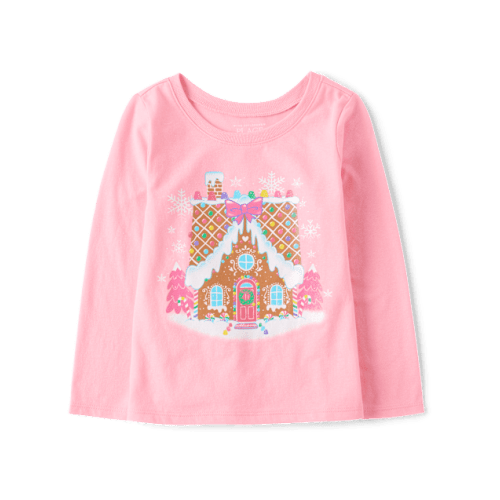 Baby And Toddler Girls Christmas Gingerbread House Graphic Tee - Pink
