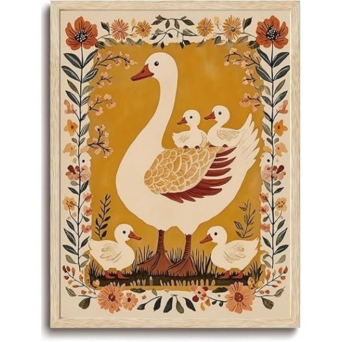 KISSFOX OAK Wood Framed Wall Art Duck Wall Decor Floral Canvas Art Animal Pictures Yellow Paintings Cute Artwork Boho Prints For Nursery Kids Children Playroom Boys Girls