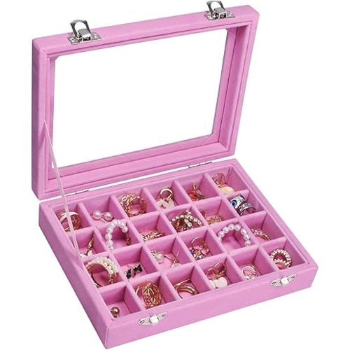 Vicoter Velvet Jewelry Box 24 Grid Jewelry Ring Display Organiser Box Tray Holder Earrings Storage Case for Girls Wife Mom Women (Pink)