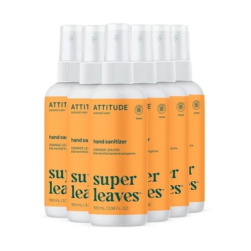 ATTITUDE Hand Sanitizer Spray, EWG Verified, Kills Germs & Bacteria, Vegan & Plant-Based, Safe for Adults & Kids, Orange Leaves Scent, 3.38 Fl Oz (Pack of 6) (Spray Bottle)