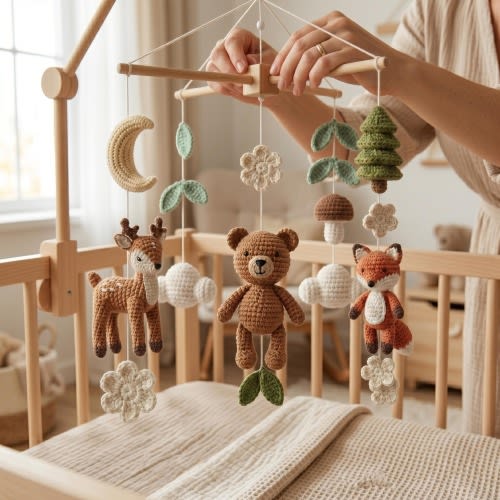 Handmade Woodland Baby Mobile, Crochet Crib Mobile with Bear Deer Fox, Forest Nursery Decor, Custom Baby Gift