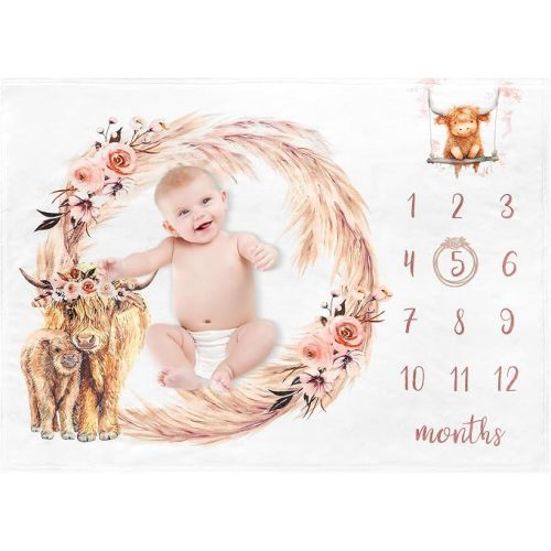 Highland Cows Baby Milestone Blanket for Girls - Newborn Swaddle & Party Favors - Soft Plush Nursery Decor - 50 x 40IN