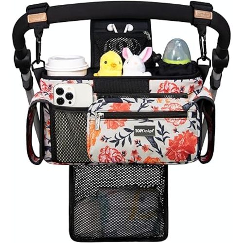 TOPDesign Universal Baby Stroller Organizer, Stroller Caddy with Detachable Mesh Bag & Heightened Insulated Cup Holders & Non-Slip Secure Hooks Accessories, Fits Most Strollers (Trumpet Vine)