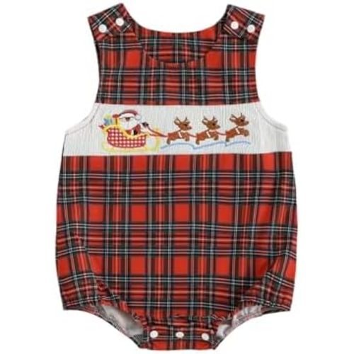 KtwHarnu Newborn Baby Boy Christmas Outfit Embroidery Sleeveless Smocked Bubble Romper Plaid Overalls Bodysuit Winter Clothes
