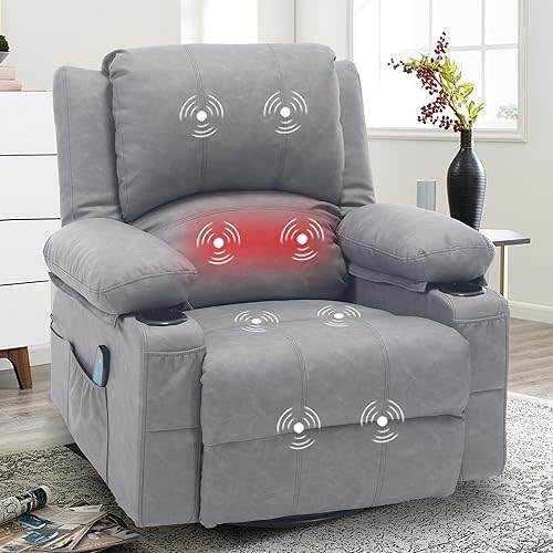 Massage Swivel Rocker Recliner with Lumbar Heat, Overstuffed Faux Leather Recliners for Living Room, Modern Single Sofa Rocking Chairs for Adults, Manual Rocker Recliner with Cup Holders, Grey