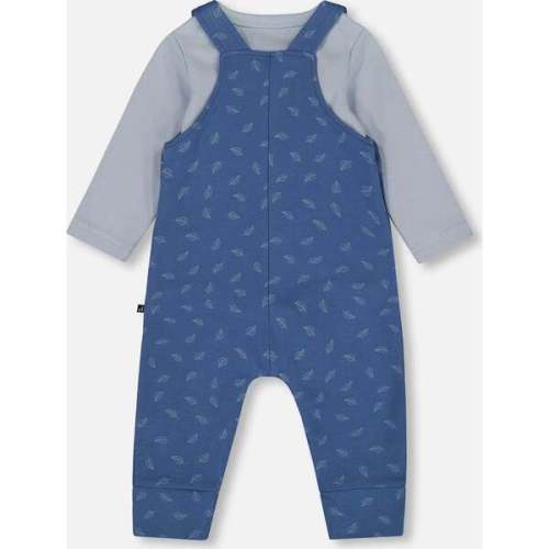 Organic Cotton Onesie and Overalls Set, Blue Leaf Print - Deux par Deux | Maisonette