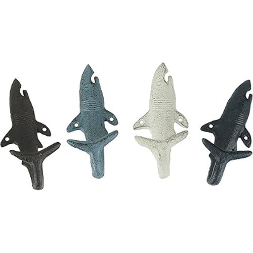Set of 4 Cast Iron Shark Tail Wall Hooks - Nautical Beach-Themed Bathroom Towel and Coat Hanging Decor - Functional and Colorful Stylish Coastal Charm
