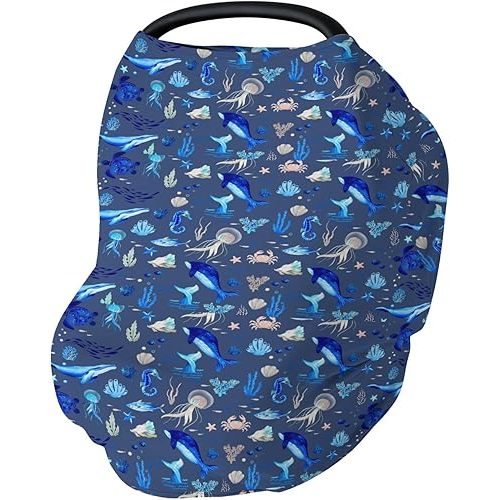 Cute Sea Animals Car Seat Cover for Babies Turtle Whale Jellyfish Sea Horse Stretchy 5-in-1 Cover Adjustable Car Canopy Breastfeeding Cover Ocean Marine Breathable Nursing Cover-Up