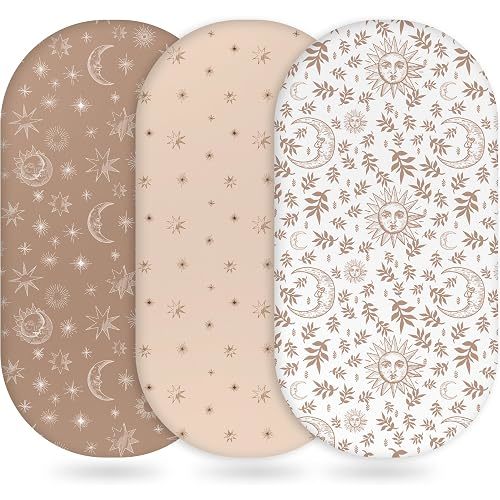 Unnivoll Baby Bassinet Sheets Girl Boy, Fitted Bassinet Sheet Set 3 Pack Bassinet Mattress Sheets Universal Fit for Rectangle, Round, Oval, Hourglass Mattress, Soft Breathable White Brown Sun God