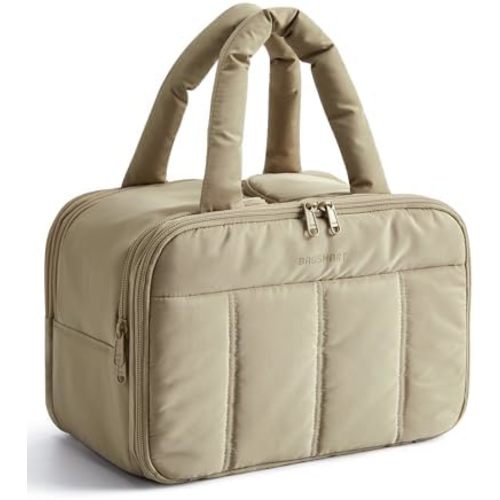 BAGSMART Travel Toiletry Bag, Puffy Large Toiletry Bag for Women, Lightweight Cosmetic Makeup Bag Organizer with Handle for Traveling, Accessories, Essentials, Toiletries (Grayish Brown)