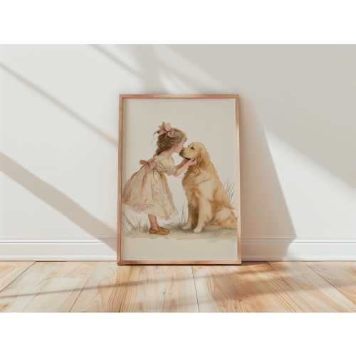 Vintage Girl and Golden Retriever Wall Art, Beige Pink Nursery Decor Print