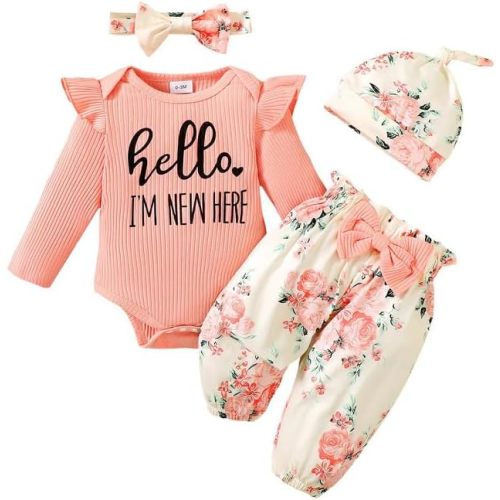 Yvowming Newborn Baby Girl Clothes Infant Fall Winter Outfits Rib Romper Floral Pants with Headband Clothing Set