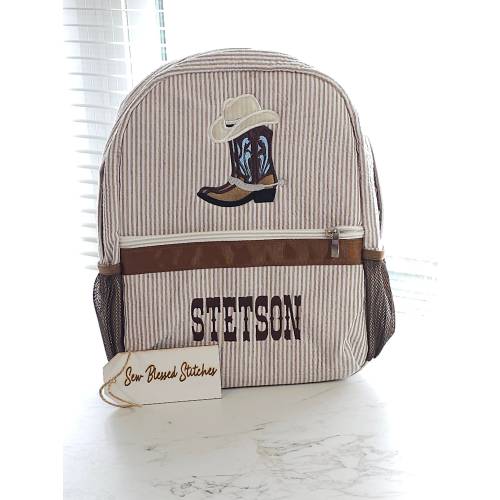 Monogram Seersucker Backpack: Cowboy Design, Personalized Boy Gift