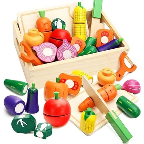 Wooden Play Food Set for Toddlers Toys Pretend Play Kitchen Accessories Veggies Cutting Set for Kids Gift for Boys Girls Montessori Educational Toys
