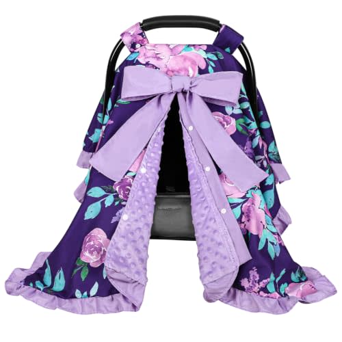 Ruffle Car Seat Cover Baby Girl 360° Protect Infant Car Seat Cover | Peekaboo Opening Baby Car Seat Cover, Windproof, Soft, Breathable, Multi-use (Purple Floral)