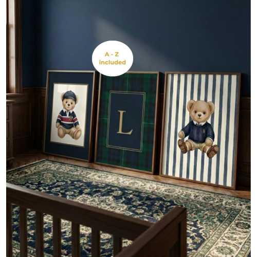 Ralph Lauren Inspired Set Of 3 Poster: Boy Nursery Decor, Classic Custom Initials Print & Teddy Bear Art, Polo Bear Vintage Playroom Prints