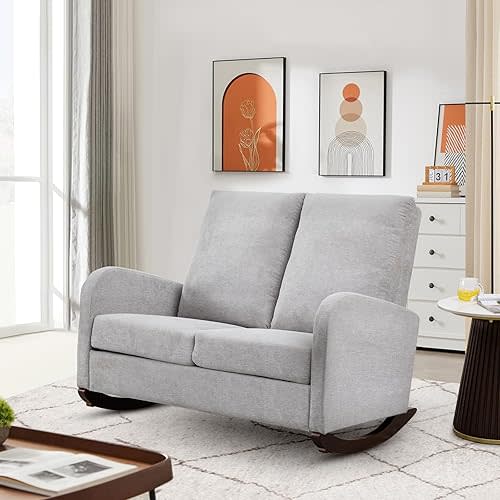Modern Double Rocking Chair, Upholstered Oversized Glider Rocker for Baby Nursery and Kids, Loveseat Accent Armchair with High Back and Side Pocket, Extra Wide Lounge Chair for Living Room, Light Grey