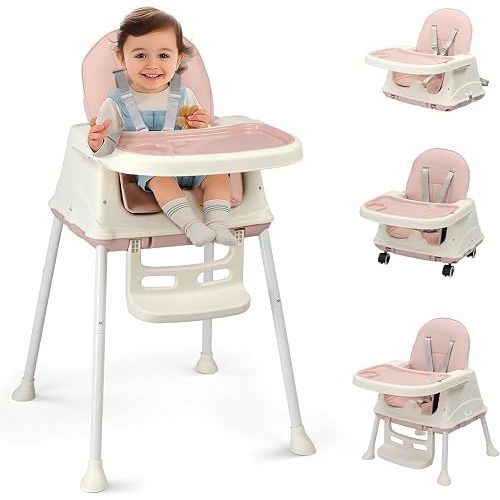 Ktaxon 6-in-1 Baby High Chair, Portable Convertible Highchair with Removable Dual-Layer Tray, 5-Point Safety Harness and Locking Wheels for Toddlers & Babies, Pink