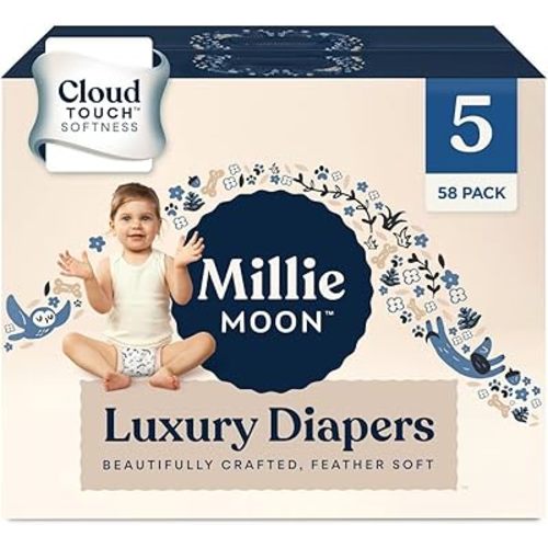 Millie Moon Luxury Diapers - Size 5 (28-39lbs), 58 Count, CloudTouch Ultra Soft Diapers, Up to 12hr Absorbency, Double Leak Guard and Wetness Indicator
