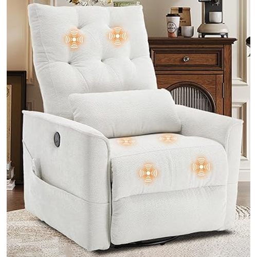 KCQ 330lbs Electric Massage Swivel Recliner Chairs with Heat Wide Seat Oversized Padded Power Recliners with Lumbar Pillow Tufted Fabric Massaging Reclining Chair for Adults (White)