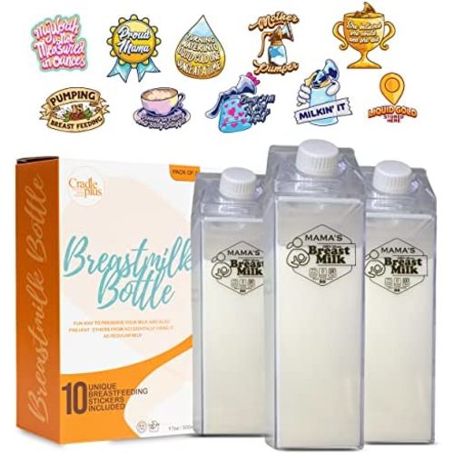 Breast Milk Pitcher for fridge - 3PACK 17oz Breast milk storing containers w/ 10pcs breastfeeding stickers for adults | Acrylic Milk carton water bottles | breastmilk storage bottle formula pitcher