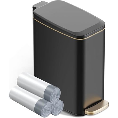 Small Bathroom Trash Can with Lid Soft Close, Step Pedal, 6L / 1.6 Gal Stainless Steel Garbage Bin with Removable Inner Bucket, Slim Wastebasket for Narrow Spaces (Black)