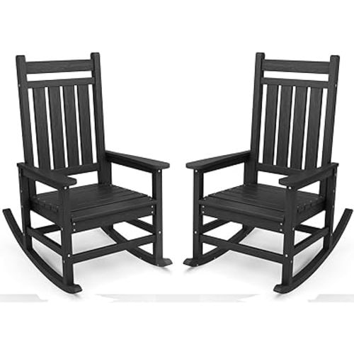 SERWALL Outdoor Rocking Chair Set of 2, HDPE Rocking Chairs for Adult, Black