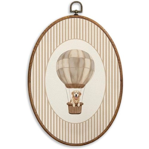SONMYSULIL Golden Retriever Hot Air Balloon Nursery Wall Art Decor, Dog Kids Room Oval Wall Hanging Decor, Golden Retriever Gifts Framed Canvas Prints for Kids Nursery Bedroom Playroom, 8.6x11.4 Inch