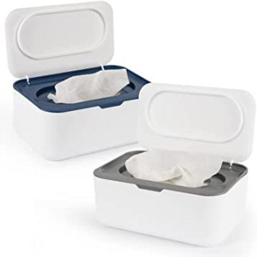 2 Pack Baby Wipes Dispenser, Wipes Case Baby Wipe Holder Keeps Wipes Fresh, Non-Slip, Easy Open & Close (Grey and Blue)