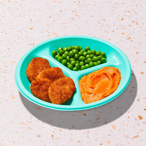 Chicken Super Nuggets with Sweet Potato Mash and Peas Plate