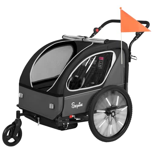 Sepnine Kids Bike Trailer, 2 in1 Canopy Carrier Converts to Pushcart Suitable for 1 to 2 Toddlers, Kids, Quick Attach to Bike, Foldable, with 5-Point Harness and Storage Bags
