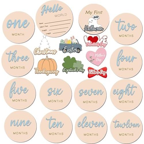 Monthly Baby Milestone Maker Discs, Baby Milestone Signs for Newborn Baby, Hello World Newborn Sign for Girl & Boy, Baby Announcement Sign for 1-12 Month, Milestone Wooden Circles (Blue Haze)
