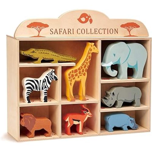 Tender Leaf Toys Safari Animals – 8 Wooden Zoo Figurines with a Display Shelf -Classic Toy for Pretend Play – Develops Social, Creative & Imaginative Skills – Learning Role Play – Ages 3+ Years