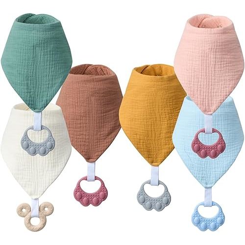 Baby Teething Bibs 6-Pack with Attachable Teether - 100% Organic Cotton, Super Absorbent & Soft Drool Bibs