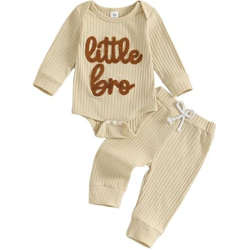 Tsnbre Baby Boy Clothes Little Brother Embroidery Ribbed Long Sleeve Romper Pants Set Newborn Fall Winter Outfits