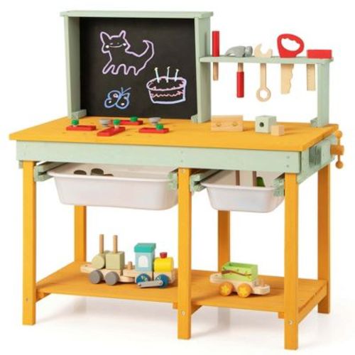 Costway Kids Wooden Toy Workbench with Storage Space & Blackboard Tool Accessories for Boys