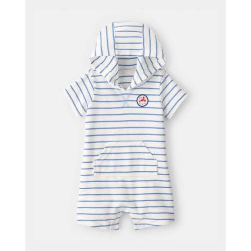 Baby Boy 'Oh Snap!' Lobster Stripe Short-Sleeve Hooded Romper - Blue/White | Carter's