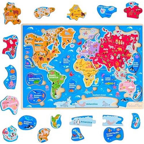 Montessori Mama World Map Wooden Puzzle, Continents and Oceans Puzzles for Kids Ages 4-6. Perfect Educational Toys for 4 Year Old Including Global Landmarks, Animals and Marine Life
