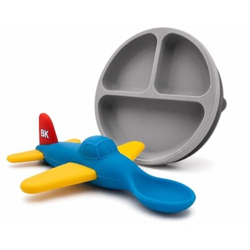 Airplane Baby Spoon and Suction Plate Set - BPA Free Silicone Self Feeding Utensils for Baby Led Weaning, Picky Eaters and Travel - First Stage Toddler Dishes and Bowls 6-18 Months