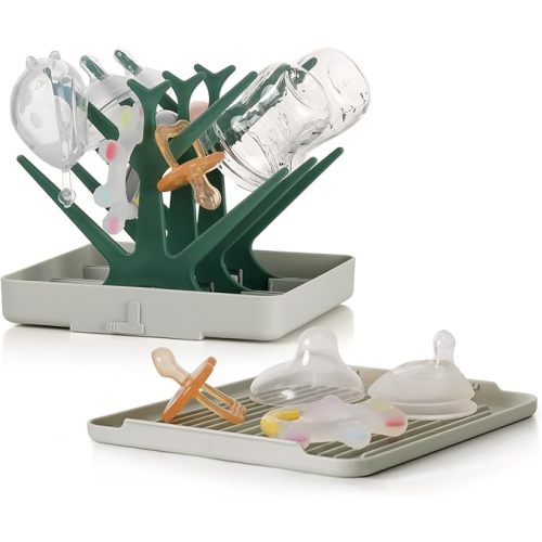 haakaa Portable Baby Bottle Drying Rack with Tray,Foldable Space Saving Bottle Drying Tree for Bottles/Pump Parts/Pacifiers,Easy-Store Dryer Rack Great for Travel & Home, BPA Free (Green)