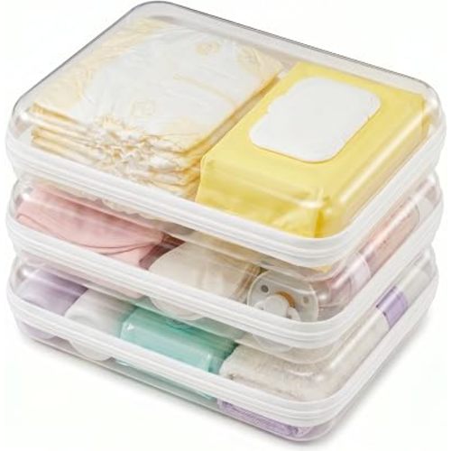 3 Pack Large Clear Hard Shell Zipper Case, Diaper Bag Organizer Pouches, Water-Resistant Travel Toiletry Bags for Baby Essentials, Toys, Cables, Crafts, Makeup, White