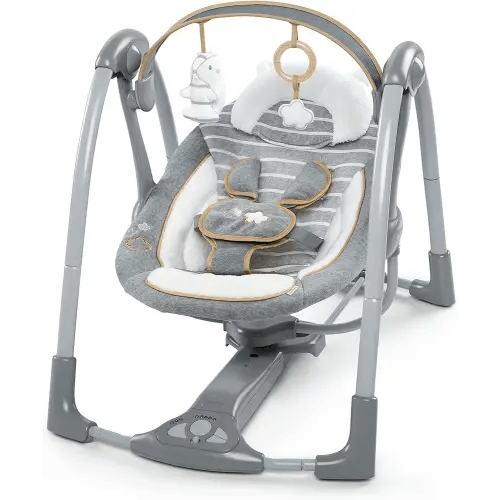 Ingenuity Swing 'n Go Deluxe 5-Speed Baby Swing with Cushioned Harness - Foldable, Portable, 2 Plush Toys & Sounds, 0-9 Months 6-20 lbs (Bella Teddy)