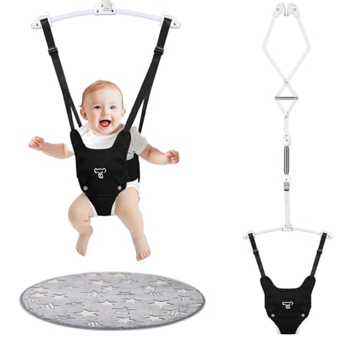 Baby Jumper, Baby Jumper Doorway with Adjustable Strap, Easy to Assemble, with a Soft Rug (Black)