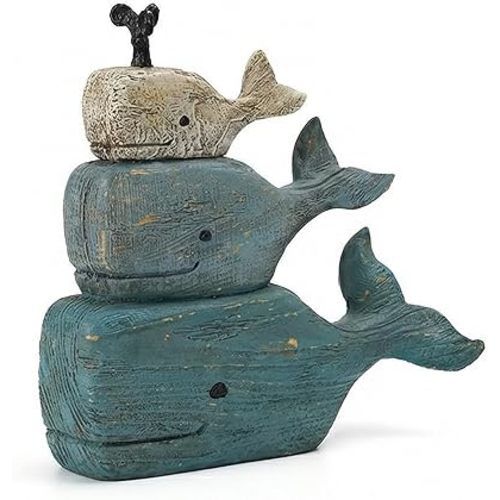 Whale Statue Ocean Coastal Decor - Resin Farmhouse Home Decoration Rustic Stacking Whale Figurine Distressed Navy Finish Indoor Nautical Table Bathroom Living Room Decor Gifts 9 x 3 x 8 Inch Guichifun