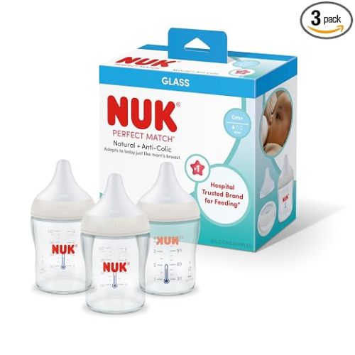NUK Perfect Match Glass Natural + Anti-Colic Bottle, 4 oz. Glass Baby Bottles with SafeTemp Temperature Indicator, Newborn Essentials, 3-Pack