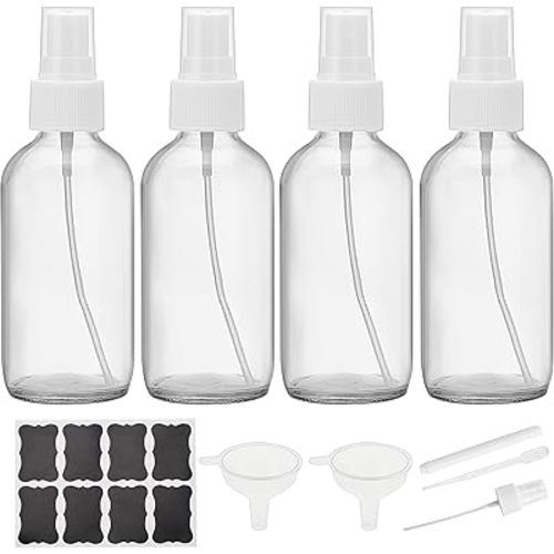Clear Glass Spray Bottles 4 oz, Small Empty Spray Bottles for Essential Oils, Fine Mist for Face, Hair, Plants, Travel, Perfumes, Cleaning Solutions - 4 Pack