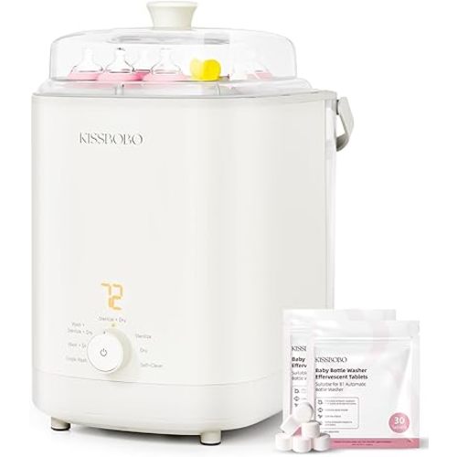 KISSBOBO Baby Bottle Washer, Sterilizer and Dryer 28 Nozzles with 360° Omni-Directional Spray, 72-Hour Clean Storage, Dual-Layer Adjustable Rack for Multiple Bottle Sizes with 60Pcs Detergent Tablets